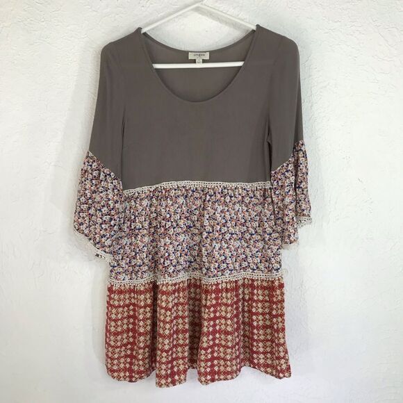 Umgee Womens Tiered Mix Print Floral Boho Tunic Mini Dress Size Small - Picture 2 of 14